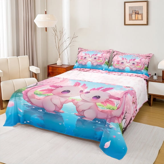 Homewish Cartoon Animal Axolotl Twin Sheet Sets,Cherry Blossom Twin Fitted Sheet,Pink Blue 03,For Girls,Microfiber Bedroom Decor,3-Piece