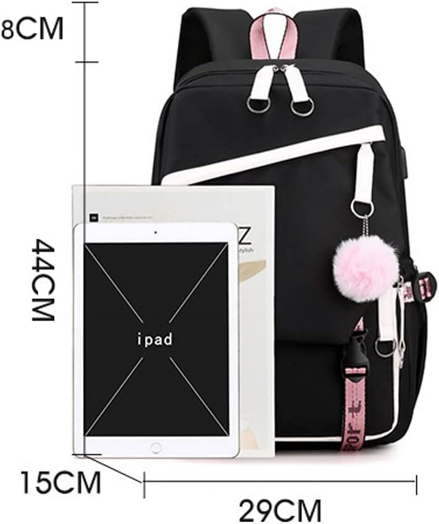 Cute Black Pink Backpack with USB Port, Fashion Laptop Backpack for Women, Large Capacity Travel Bookbag with Multiple Pockets, Water Resistant Casual Daypack for College and Work