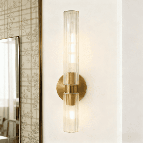 Rich Modern Finish Fluted Glass Double Sconce with Metal Canopy, Antique Brass Finish Wall Sconces, Wall Lights for Bedroom, Bathroom, Indoor/Outdoor Sconce