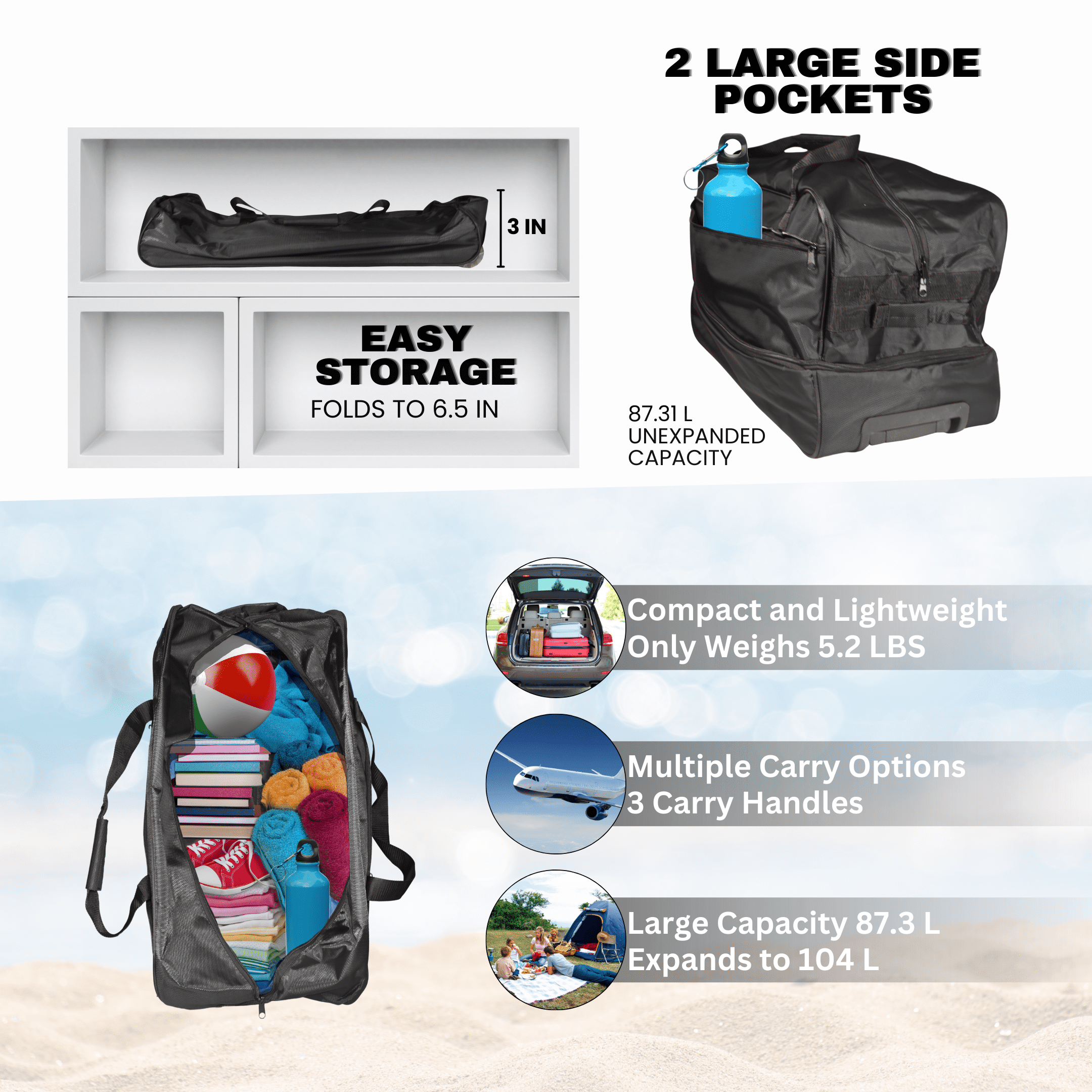 140L Extra Large Storage Duffle Bag Wheeled Collapsible Handle Bag Expandable and Handles Big Foldable Duffle Bag for Travel Black