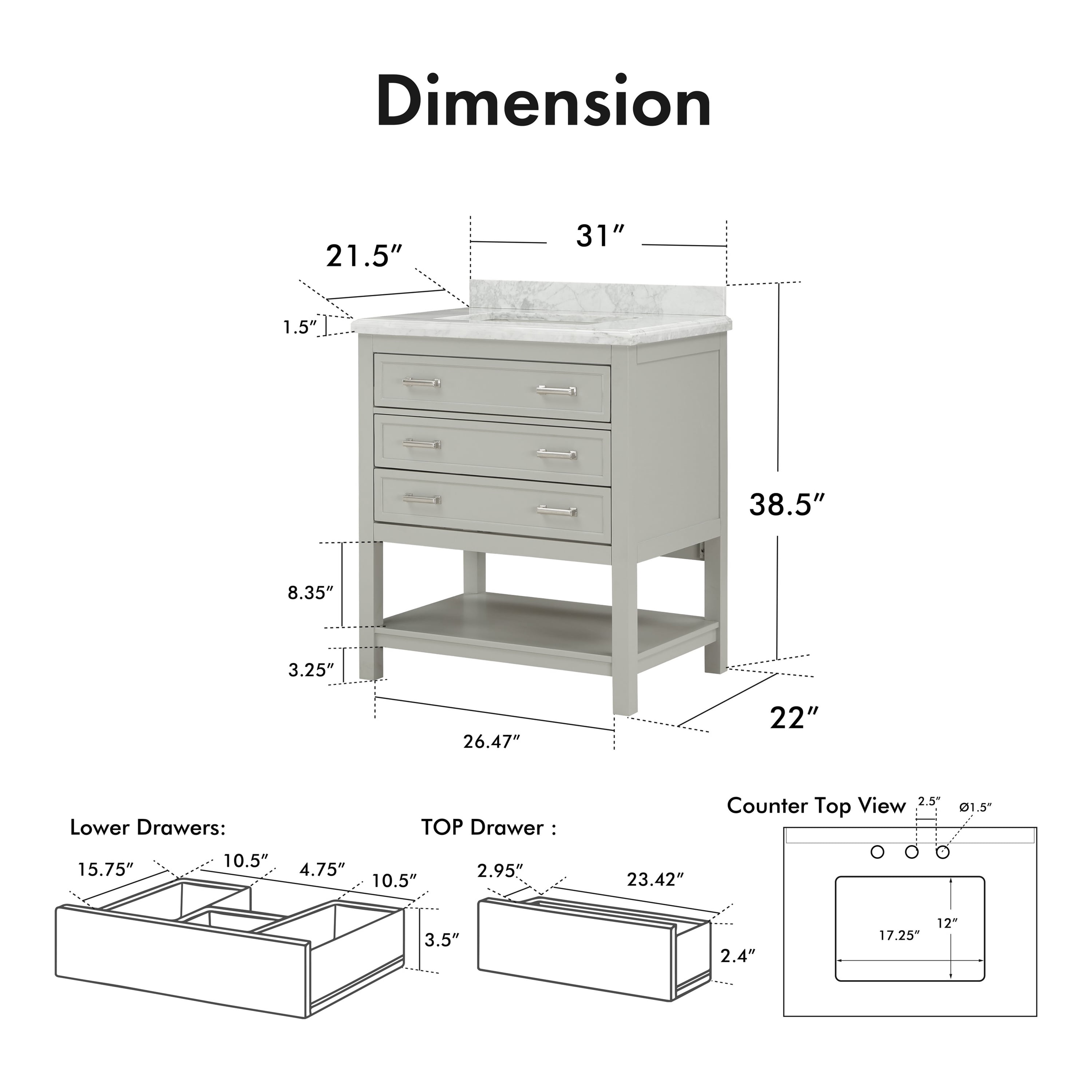 Furniture of America Freya 31" Gray Single Bathroom Vanity with White Carrera Marble Top and Undermount Sink