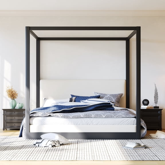 MODERNLUXE Queen Size Canopy Platform Bed, Low Profile with Upholstery Headboard, Black
