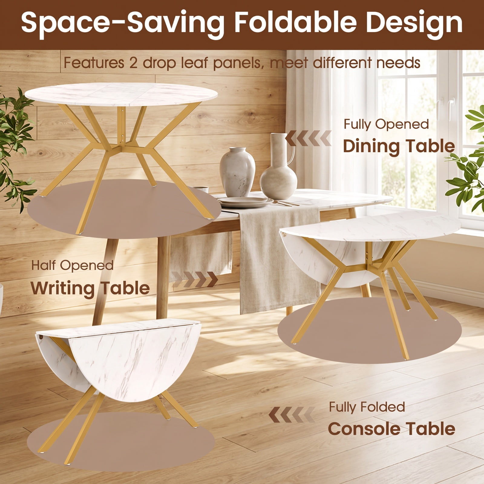 Furnibear Folding Dining Table 47 Inch Extendable Round Kitchen Table with Drop Leaves for Kitchen Dining Room Breakfast Nook Small Space Home, White