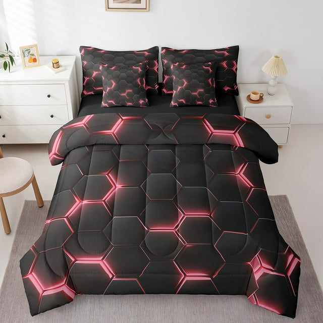 YST 7 Piece Pink Red Honeycomb Print Bed in a Bag, Modern Geometry Abstract Plaid Bedding Set, King