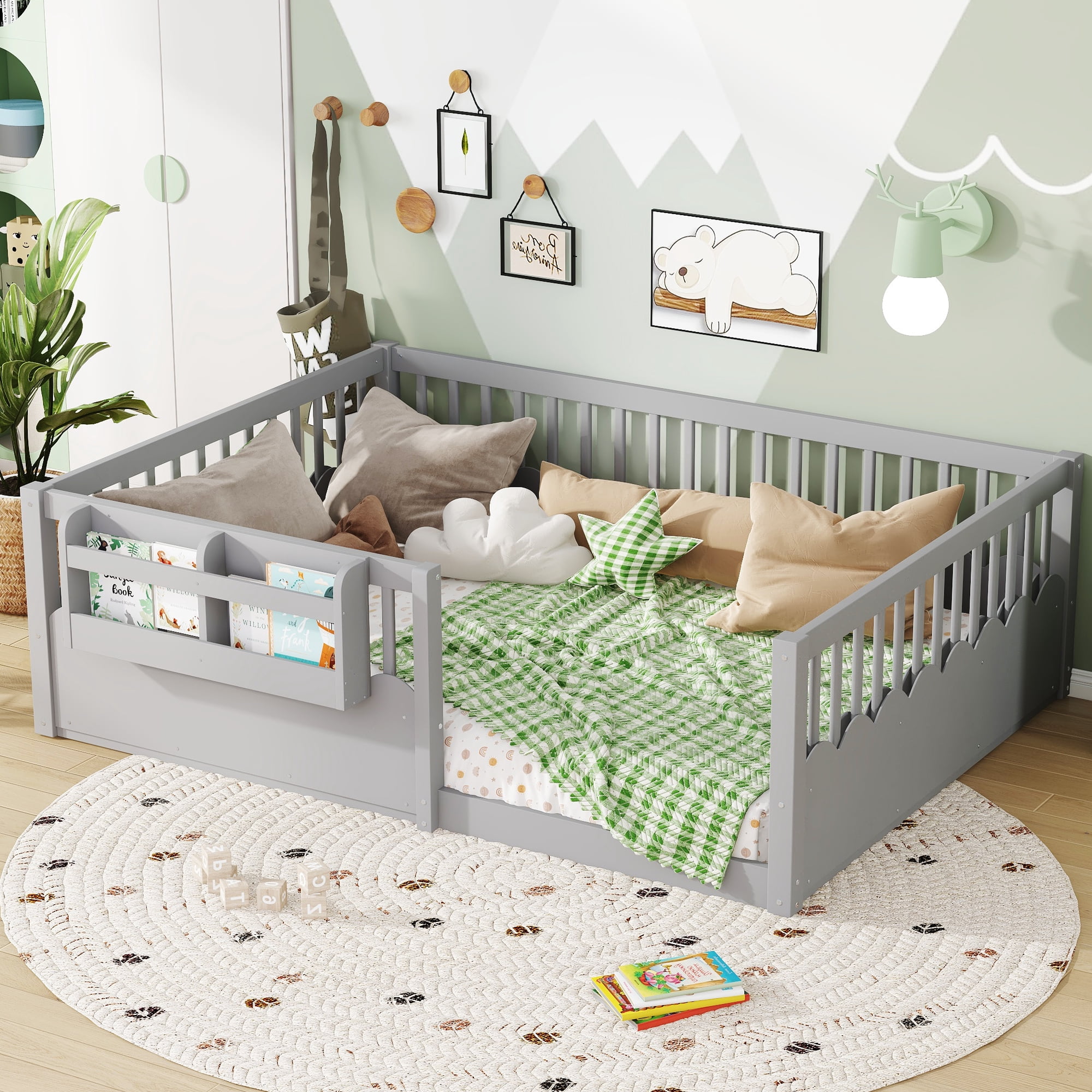 Mintazer Full Montessori Floor Bed with Bookshelf & Heightened Fence, Kids Wood Floor Bed for Boys and Girls, Gray