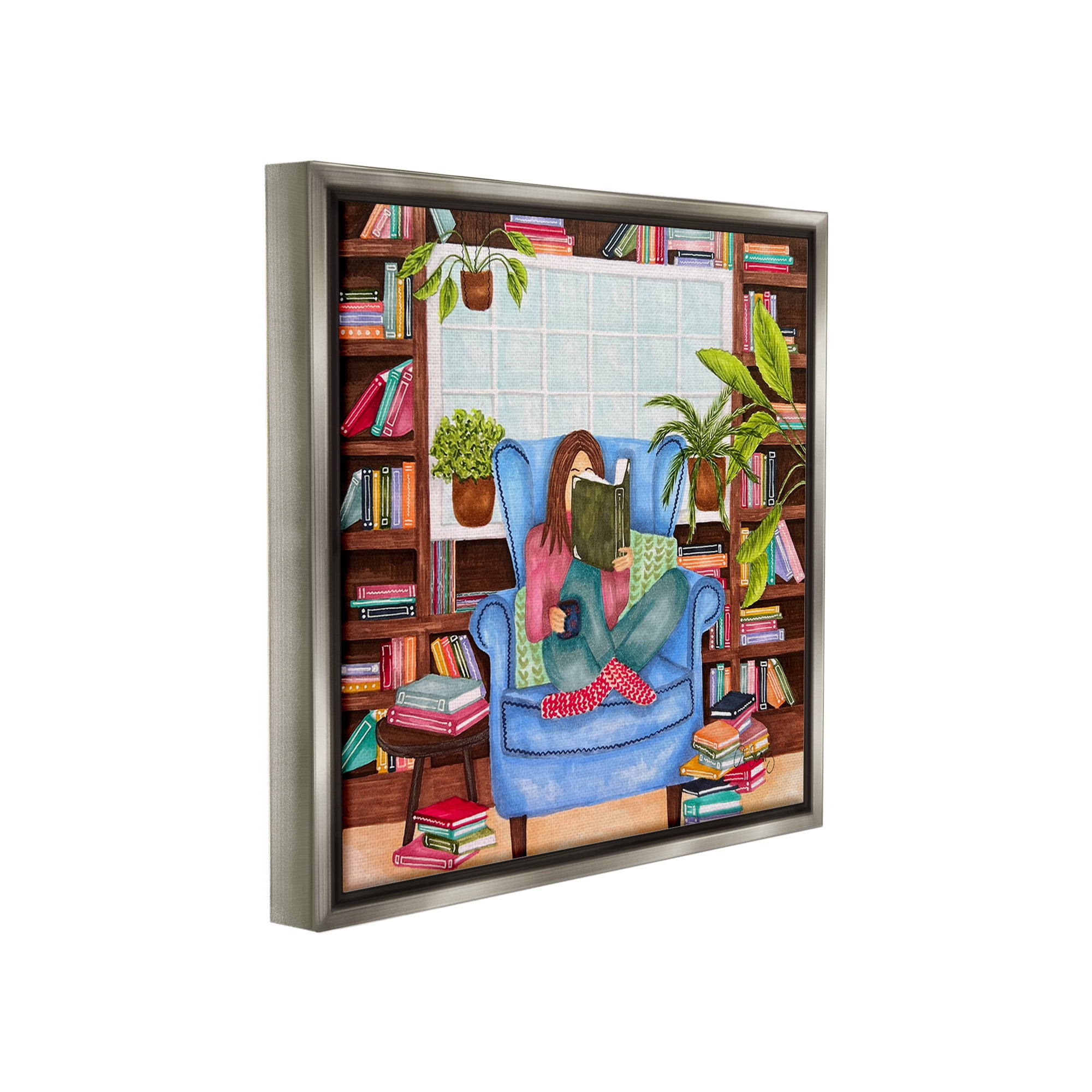Stupell Industries Cozy Reading Corner Literature & Flim Painting Gray Floater Framed Canvas Art Print Wall Art, 25 x 25