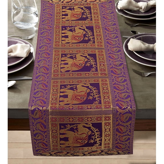 DK Homewares Indian Ethnic Centerpiece Birthday Parties Coffee Table Decor Purple Gold Brocade Satin 150 X 40 Cm Jacquard Elephant Floral 5 Foot Table Runner ( 60 X 16 Inches )