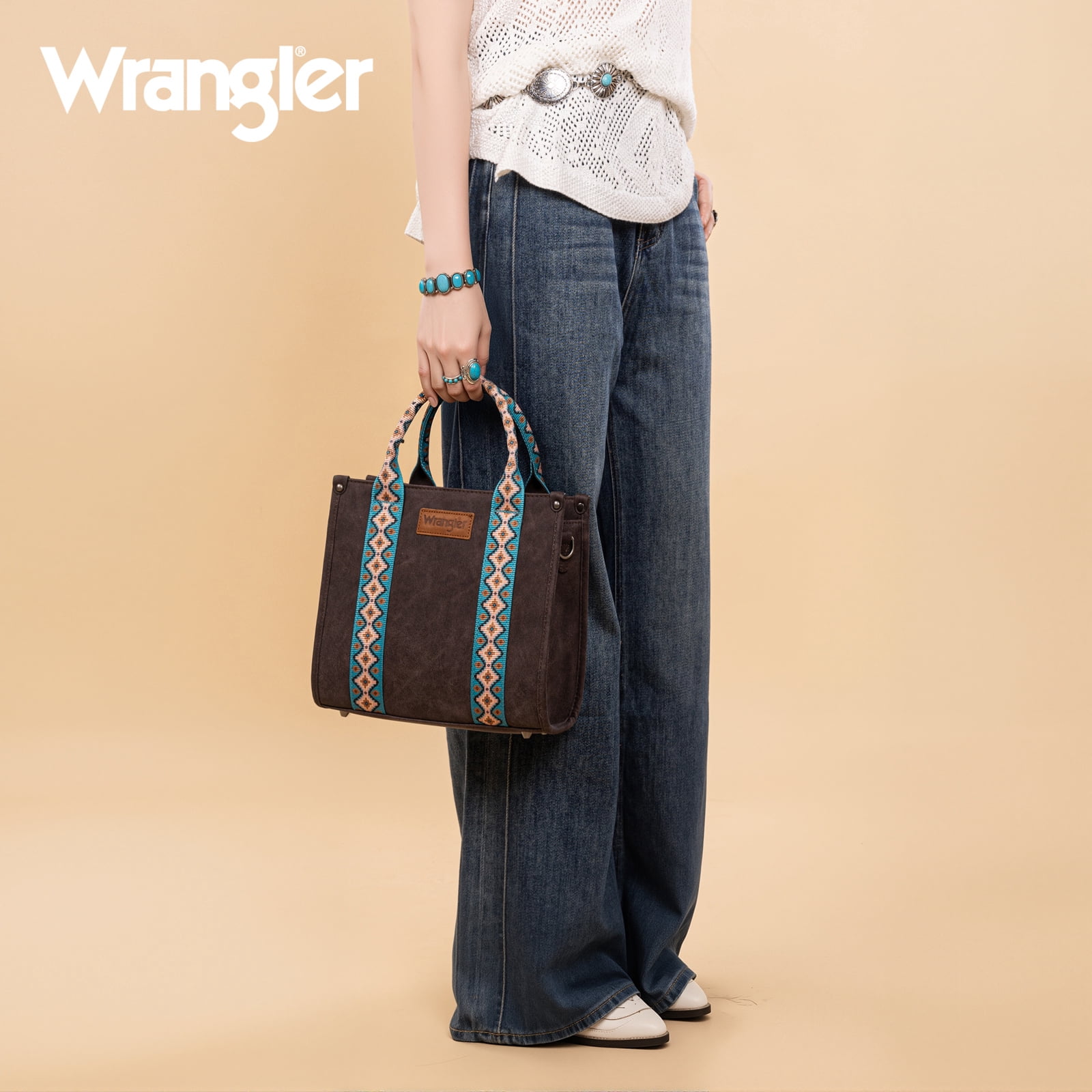 Wrangler Aztec Tote Bag for Women Boho Shoulder Purse, Cf-Turquoise