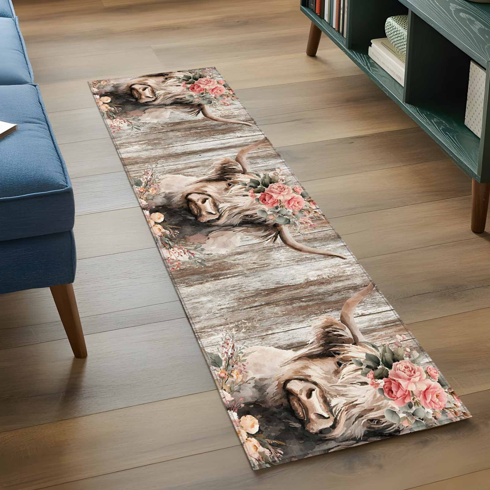 Highland Cows Runner Rugs 2x6 ft Abstract Animal Pink Flower Brown Wood Grain Farm Washable Hallway Rugs Non-Slip Floor Mats Absorbent Carpet Bedside Runners for Bedroom Kitchen Bathroom Laundry Room