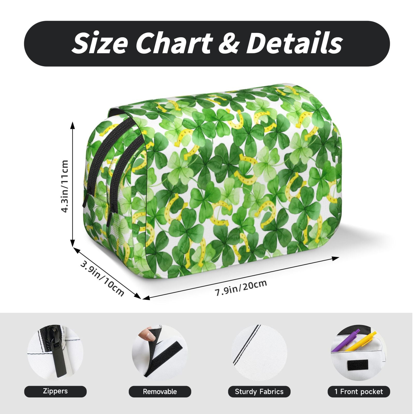 Rateoe Happy St. Patrick's Day Pattern Double Clamshell Pen Case, Storage Organizer with Two Zipper Compartments– Holds Up to 50 Pencils & Pens