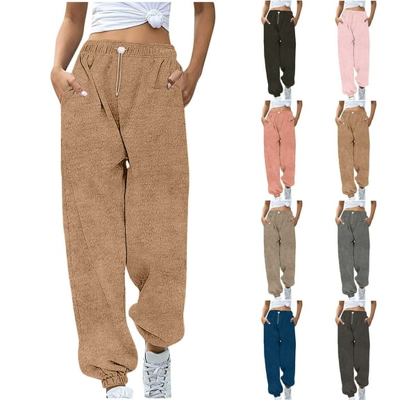 Feancey Womens Fleece Sweatpants Cinch Bottom Casual Fuzzy Pajama Pants High Waisted Drawstring Joggers Winter Plush Warm Lounge Trousers with Pockets Black XXL