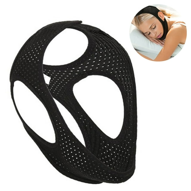 Anti Snore Chin Strap, solution de Ronflement Ajustable avec design en Maille Noire Respirante, Montrée en Gros Plan. Conçue pour Réduire le Ronflement et Améliorer la Qualité du Sommeil pour Hommes et Femmes. Comprend une Pièce Mesurant 56 x 21 cm, Idéale pour une Aide au Sommeil Confortable et Naturelle.