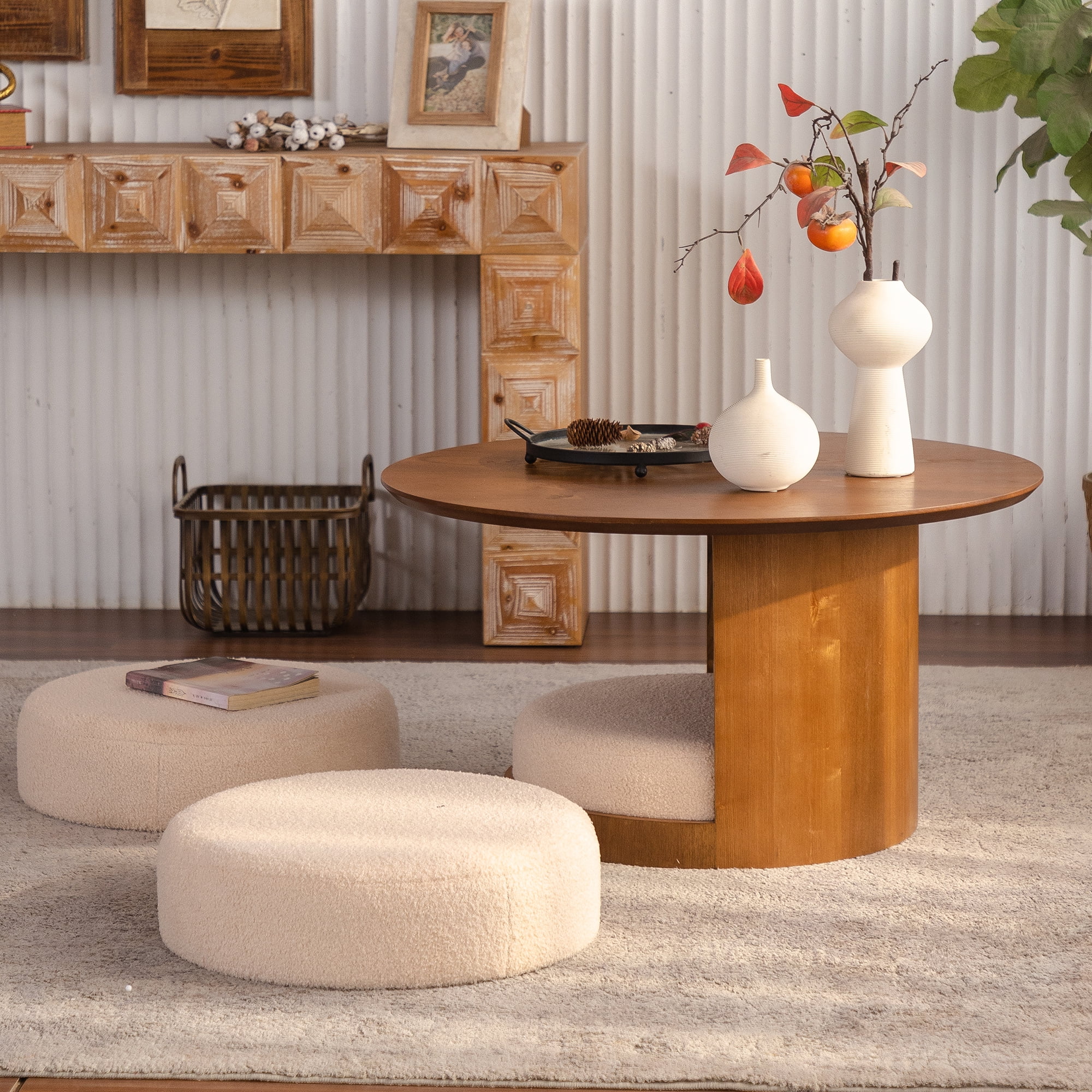 Leumius Round Wood Coffee Table with 3 Teddy Fabric Nesting Stools, Farmhouse Multifunctional Center Table Set with Hidden Storage for Living Room