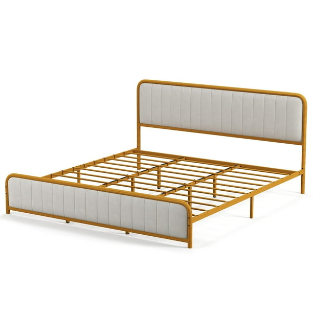 Costway King Gold Metal Bed Frame Upholstered Platform Bed with Velvet