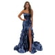 thumbnail image 1 of Vestido de fiesta Mollyevers con diseño de sirena, satén, volantes escalonados, azul marino, 1 of 7
