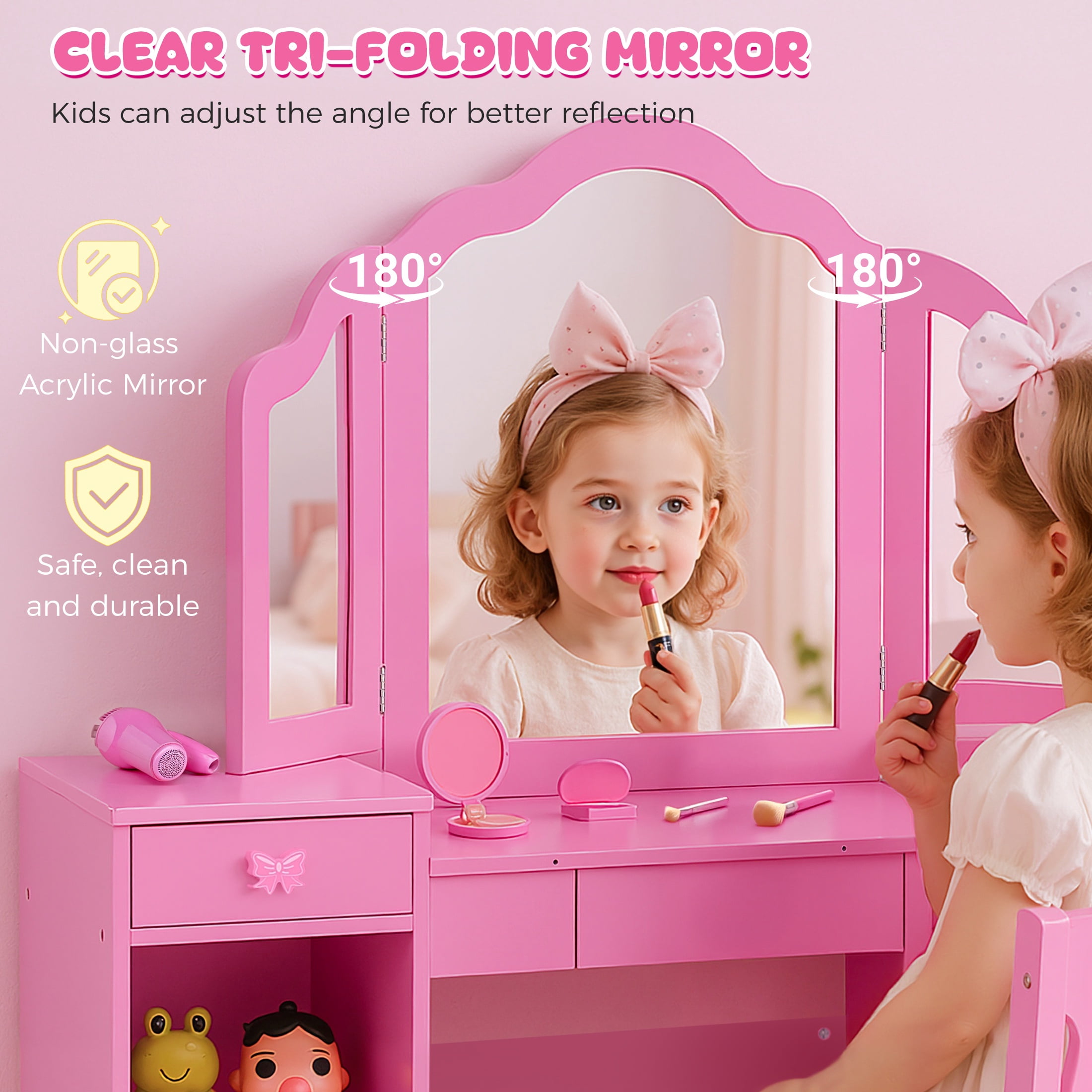 iYofe Girls Vanity Set with Mirror and Stool, Kids Vanity Table and Chair Set, Convertible Writing Desk for Girls Ages 3-9, Pink