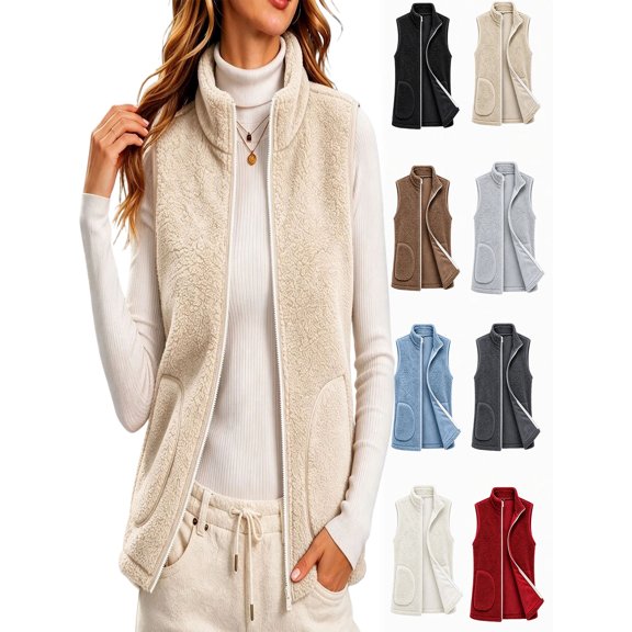 Womens Vest Jacket Full Zip Solid Color Sleeveless Jacket Fall Winter Casual Regular Length Outerwear with Pockets