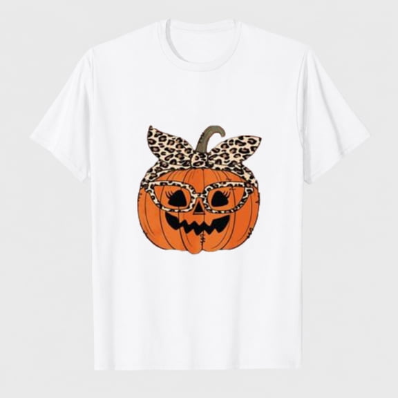 Women's Halloween Pumpkin Sunglasses Bow Graphic T-Shirt, 100% Cotton Short Sleeve Shirt