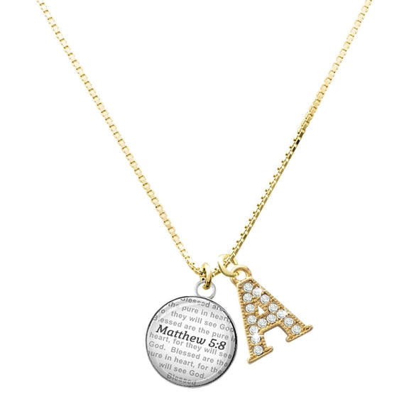 Delight Jewelry Silver-tone Domed Matthew 5:8 - Large Goldtone Crystal Initial - A - Charm Necklace, 17.5" 2"