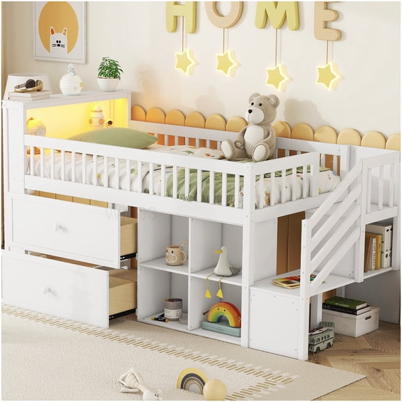 CHAMPFLAG Twin Size Low Profile Loft Bed with Built-In Shelving, LED Lights and Staircase Drawers