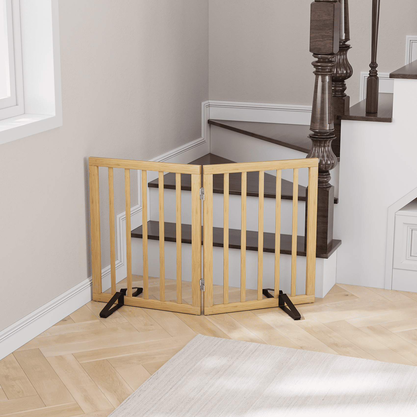Smart FENDEE Bamboo Dog Gates for Doorways Freestanding Pet Gate, 2 Support Feet, 24"H, Natural