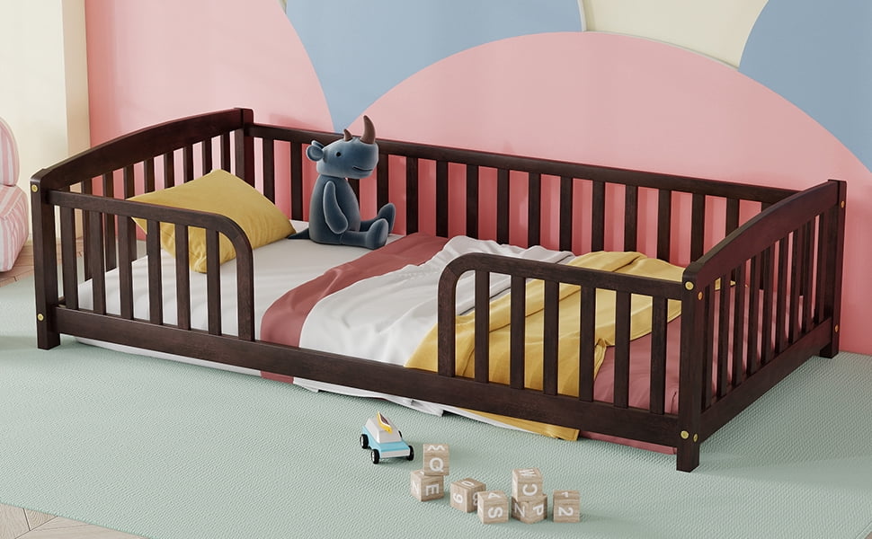 Mintazer Twin Size Toddler Floor Bed with Guardrails & Central Entrance, Espresso