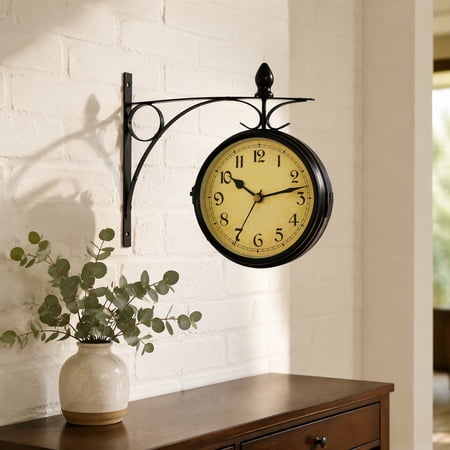 YOSADIER Double Sided Retro Wall Clock Antique Style Wrought Iron Home Decor Vintage Wall Hanging