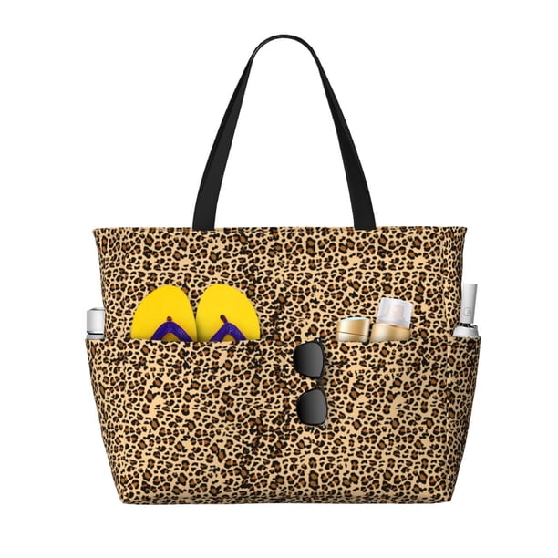 Fotbe Leopard Print Brown Bolsa de Viaje para Playa - Resistente al Agua, Bolsa Tote de Gran Capacidad y Ligera con 7 Bolsillos para Mujeres y Hombres
