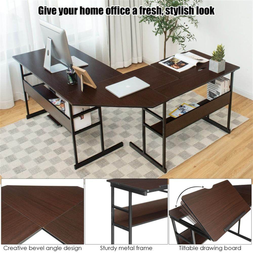Demi Bonn L-Shaped Computer Desk with Tiltable Tabletop, Small Home Office Desk Study Writing Table, Brown