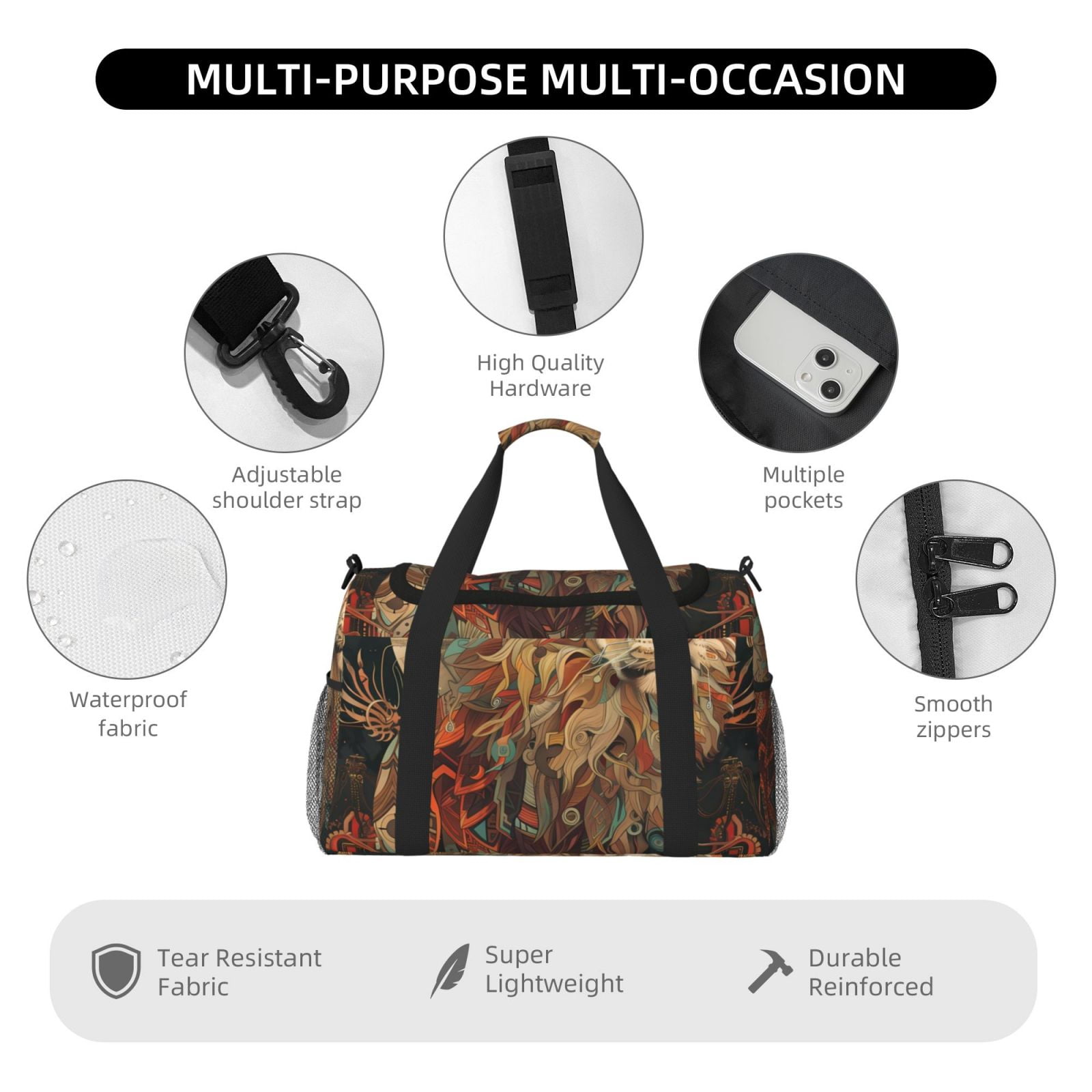 Fuzoiu Majestic Cosmic Lion Print Travel Duffle Bag,Carry On Tote Bags,Duffel Bag,Sport Gym Bag, Hospital Bag for Labor and Delivery, Overnight Bag,Luggage Bag