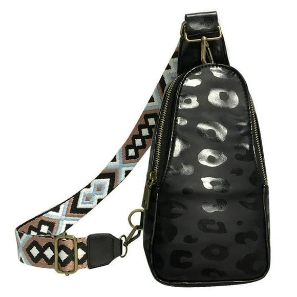 Boho Chest Bag Animal Prints PU Crossbody Handbag Travel Purse (Black Leopard)