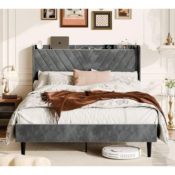 Walsunny Full Bed Frame Platform with Wingback Storage Headboard with Charging Station and Velvet Upholstered Headboard Strong Wood Slats Grey