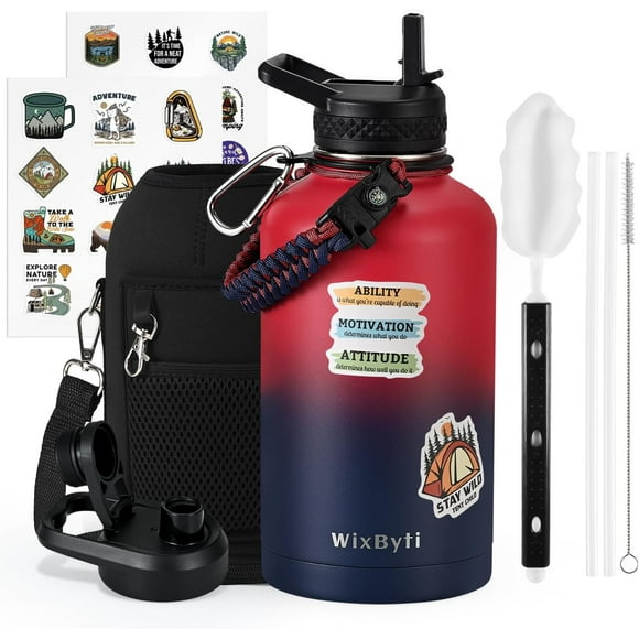 UTAH-64 oz Insulated Water Bottle with Straw (Cold for 48 Hrs), Half Gallon Stainless Steel Triple Wall Vacuum Sports Water Jug, Leakproof Hydro Cup Flask with Straw Spout Lids & DIY Stickers