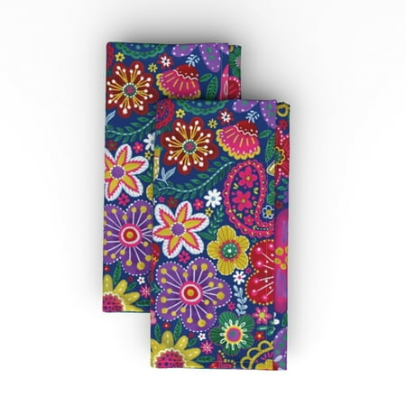 

Linen Cotton Canvas Dinner Napkins (Set of 2) - Bright 70S Blooms Retro Poppy Daisy Floral Pattern Jewel Print Cloth Dinner Napkins by Spoonflower