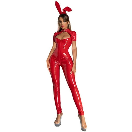 MQLKF Women Bunny Girl Leather Zipper Sparkly Rabbit Ears Headband Sexy Underwear Intellectual Breathable Women Bodysuit