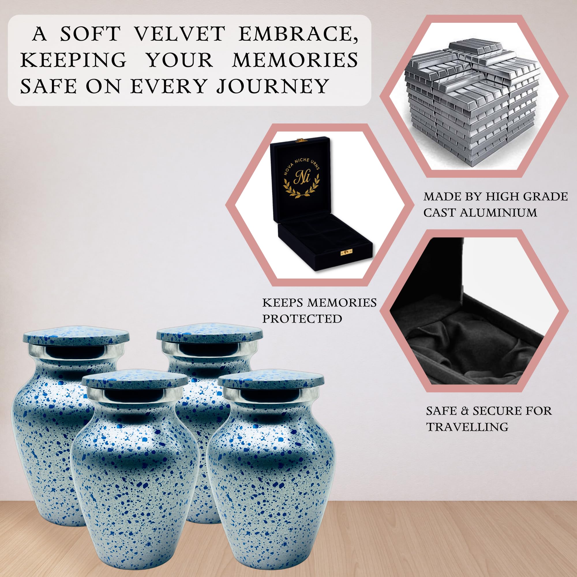 Nova Niche Urns Small Size Cremation Urn for Human Ashes, Mini Keepsake Set of 4 Blue and Silver with Velvet Case