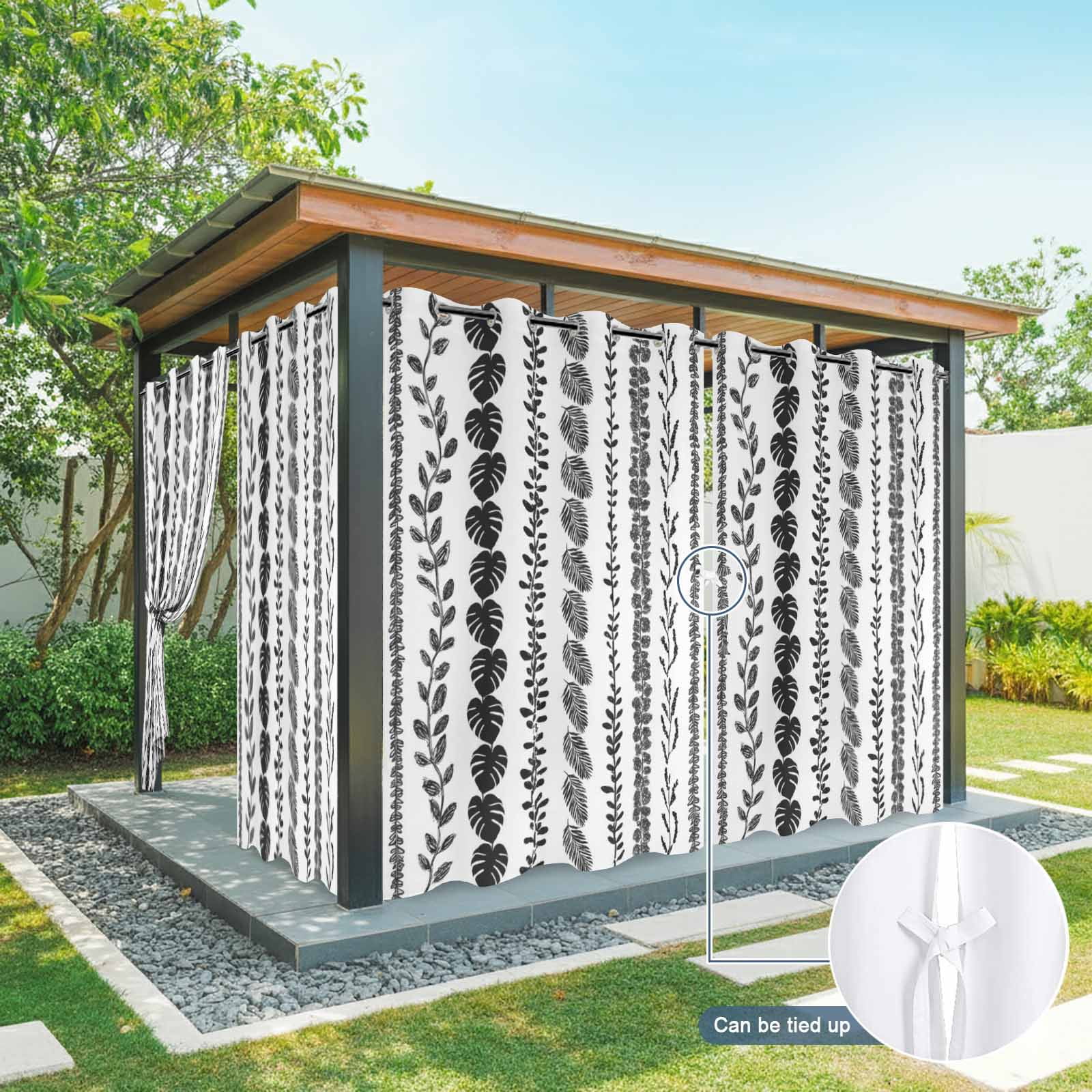 Black Leaf Striped Outdoor Curtains for Patio, Summer Botanical Vertical Natural Stripes Sunshade Privacy Drapes Grommet Waterproof Outside Curtains for Porch/Cabana/Balcony 54"x 108", 1 Panel