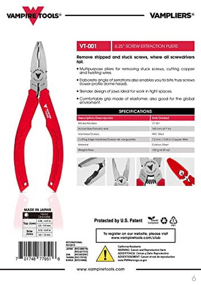 VAMPLIERS 2-PC Specialty Screw Extraction Pliers Set: Includes JAWZ 7.5" Vise-Grip Locking Pliers + 6.25" Multipurpose Pliers with Wire Cutter and Vampliers Tool Pouch: VT-001-S2LP