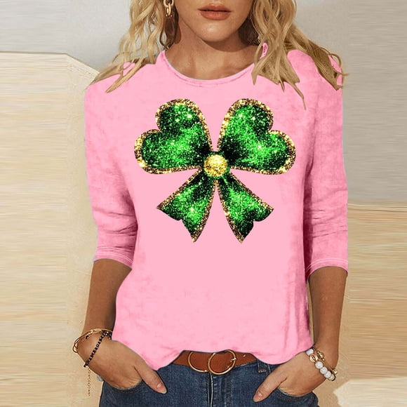 Mceream St Patty's Day Shirt Women 2026 Casual Graphic Tees Plus Size 3/4 Sleeve Irish Clover Shirts Funny Saint Patrick's Tunic Tops Pink M