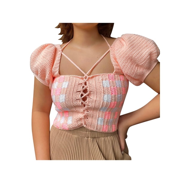 Sunloudy Tops cortos para mujer, cuello cuadrado, manga corta, contraste de color, estampado a cuadros, suéter, camisa de punto para damas jóvenes Sunloudy S M L