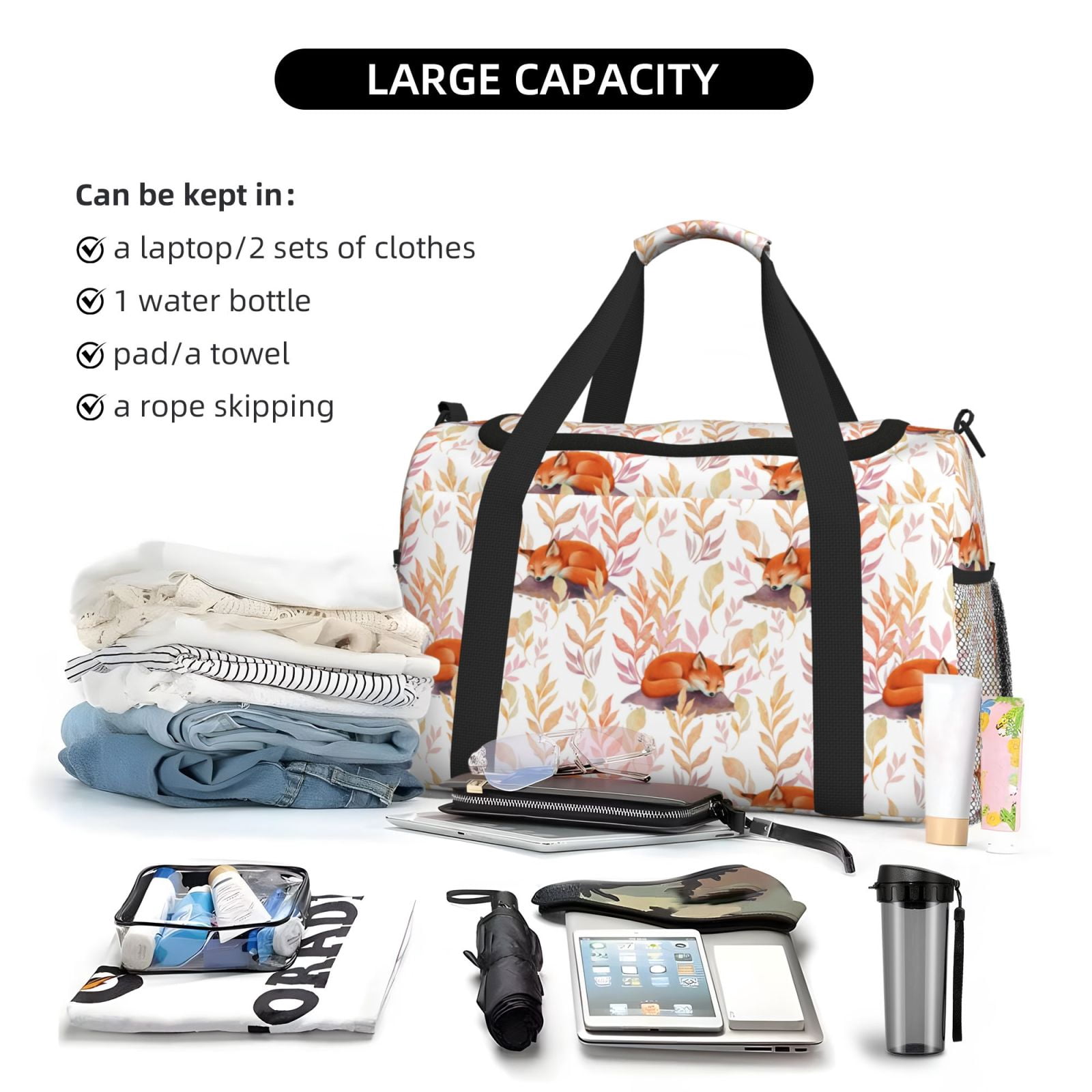 Fuzoiu Cute Sleepy Fox Print Travel Duffle Bag,Carry On Tote Bags,Duffel Bag,Sport Gym Bag, Hospital Bag for Labor and Delivery, Overnight Bag,Luggage Bag