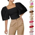 thumbnail image 4 of YYDGH Women's Square Neck Puff Short Sleeve Crop Top Elegant Solid Color Slim Fit Blouse Summer Shirts Pink S, 4 of 4