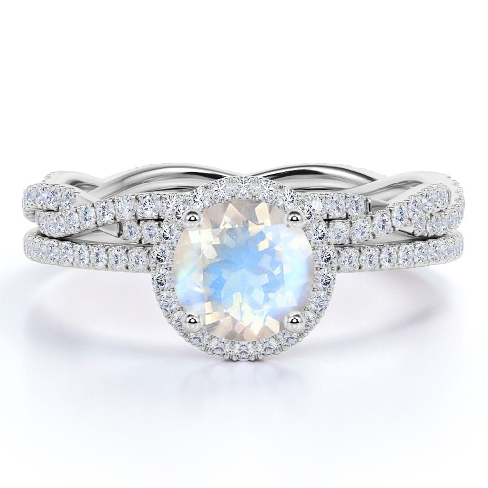 JeenMata 1.5 carat Round Faceted Rainbow Moonstone and Moissanite Pave Bridal Ring Set in 18k White Gold over Silver