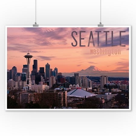 Seattle, Washington - Skyline at Twilight - Lantern Press Photography (9x12 Art Print, Wall Decor Travel (Best Place To Photograph Seattle Skyline)