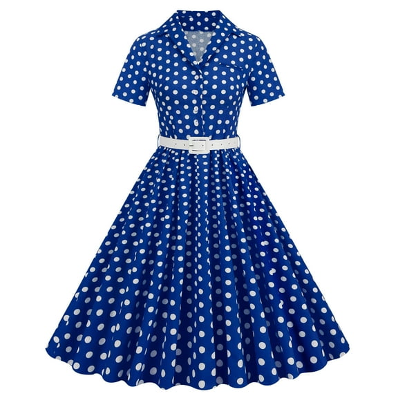 QUYUON Women Vintage Cocktail Dresses for Evening Party Knee Length Dress Polka Dot Printed Lapel Neck Button Down Collar Short Sleeve V-Neck Pleated A-Line Dress Style D-1487 Blue XL
