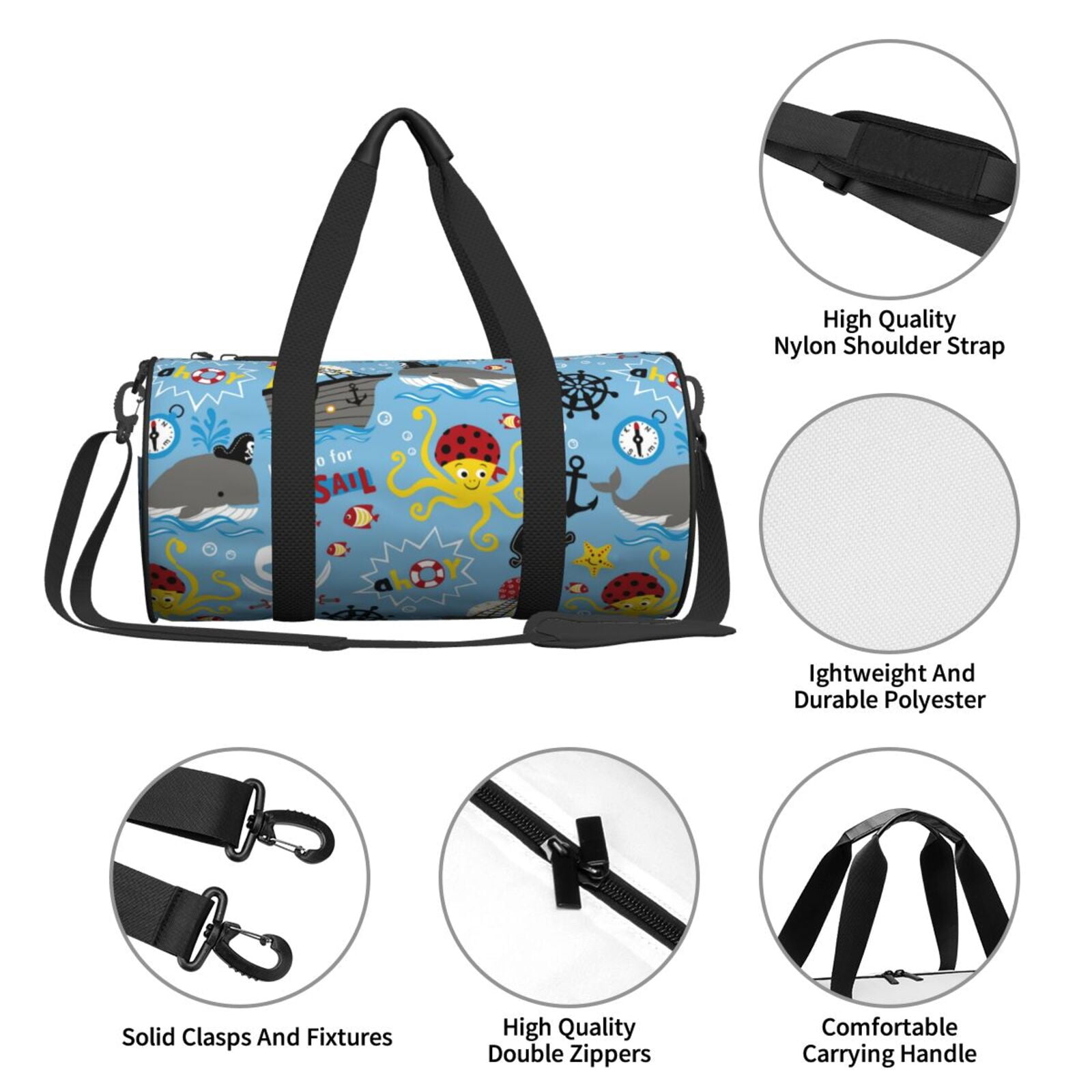 Vsdgher Pirate Marine Animals 45L Foldable Duffel Bag, Sports Gym Bag,Overnight Bag, Portable Weekender Bag for Airplanes