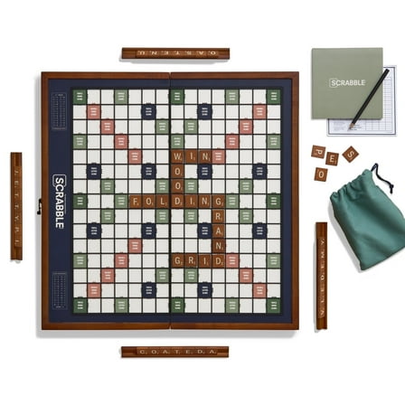WS Game Company Scrabble Grand Folding Edition  —  Deluxe Word Game with Oversized Rotating Board, Solid Wood Tiles and Racks, and Fabric Pouch – For 2 to 4 Players, 8 and Up