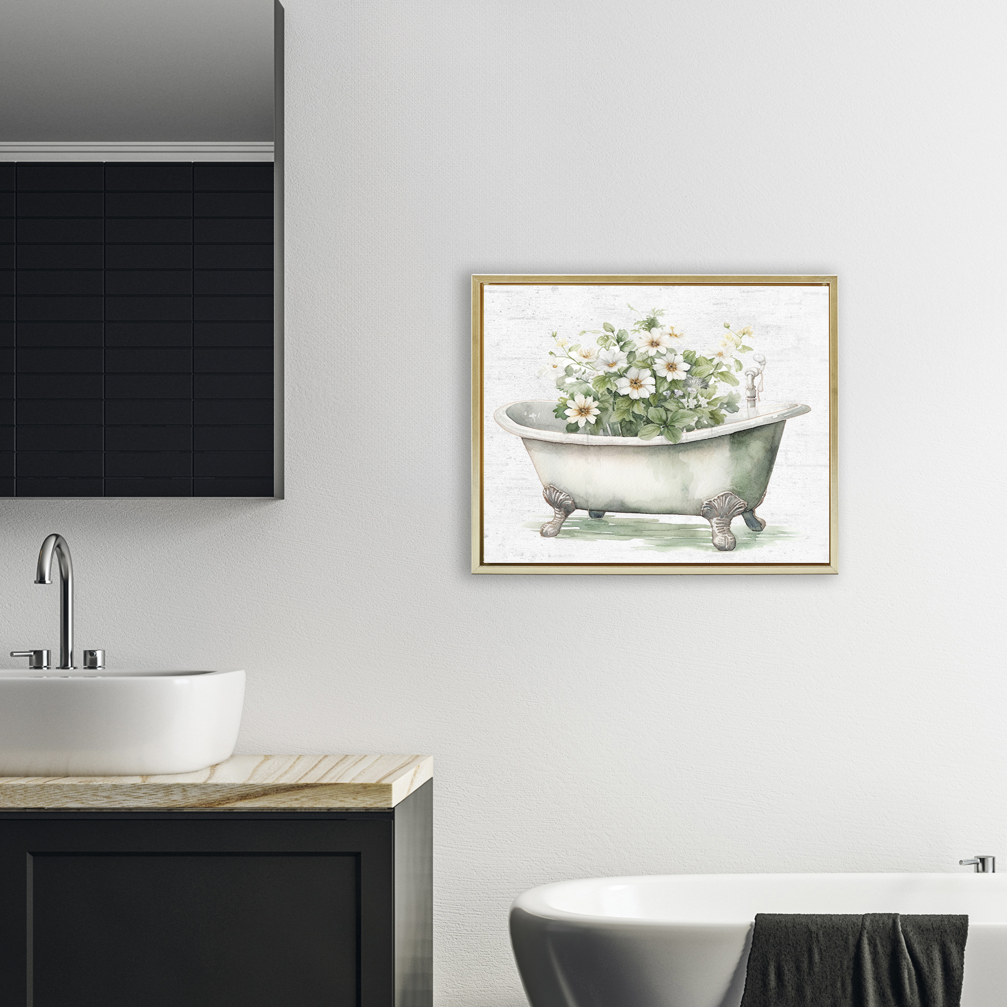 Boho Tub with Daisies Gold Framed Floater Canvas Wall Art, design by Lettered and Lined