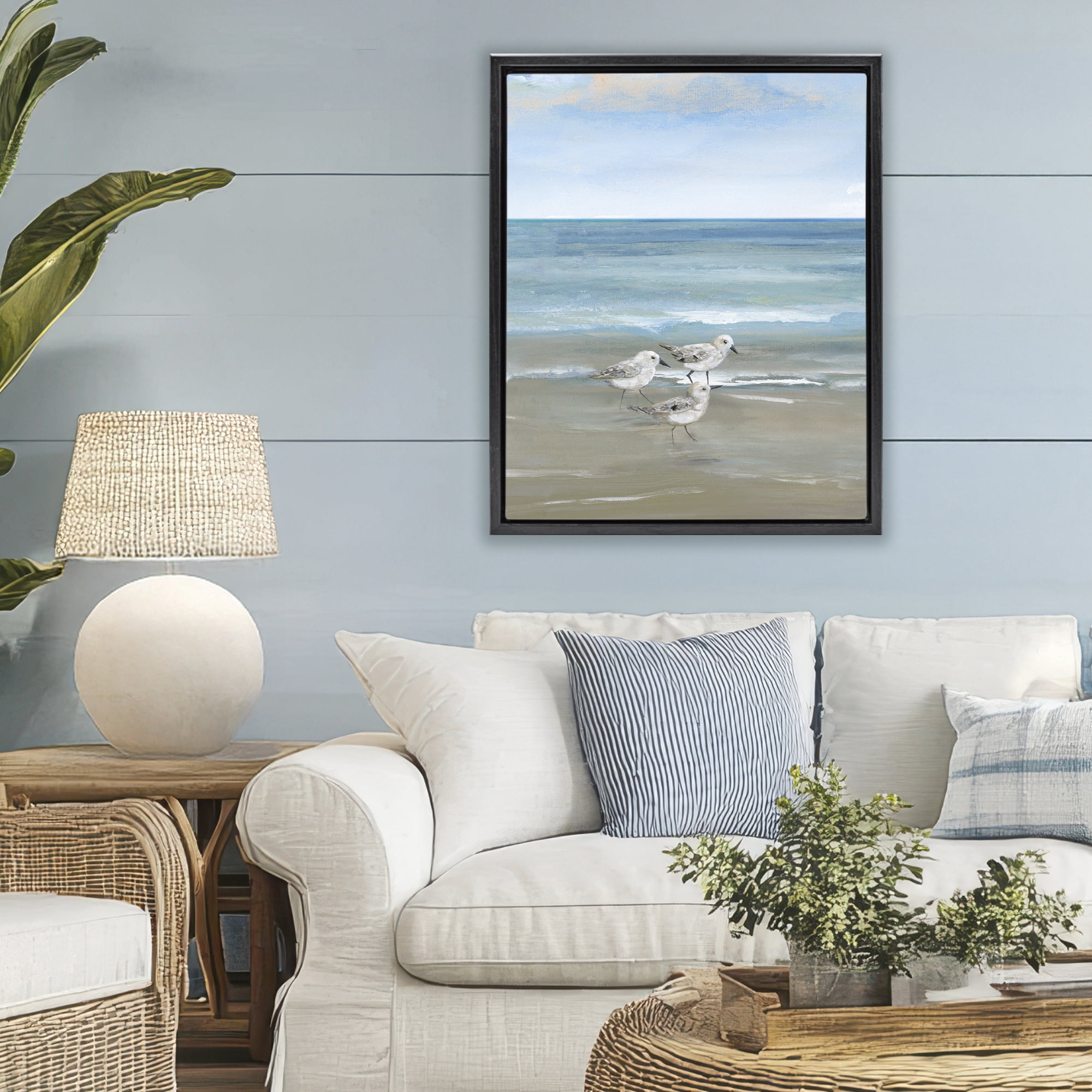 Stupell Industries Three Shorebirds & Gentle Waves Black Framed Floater Canvas Wall Art, design by Nan