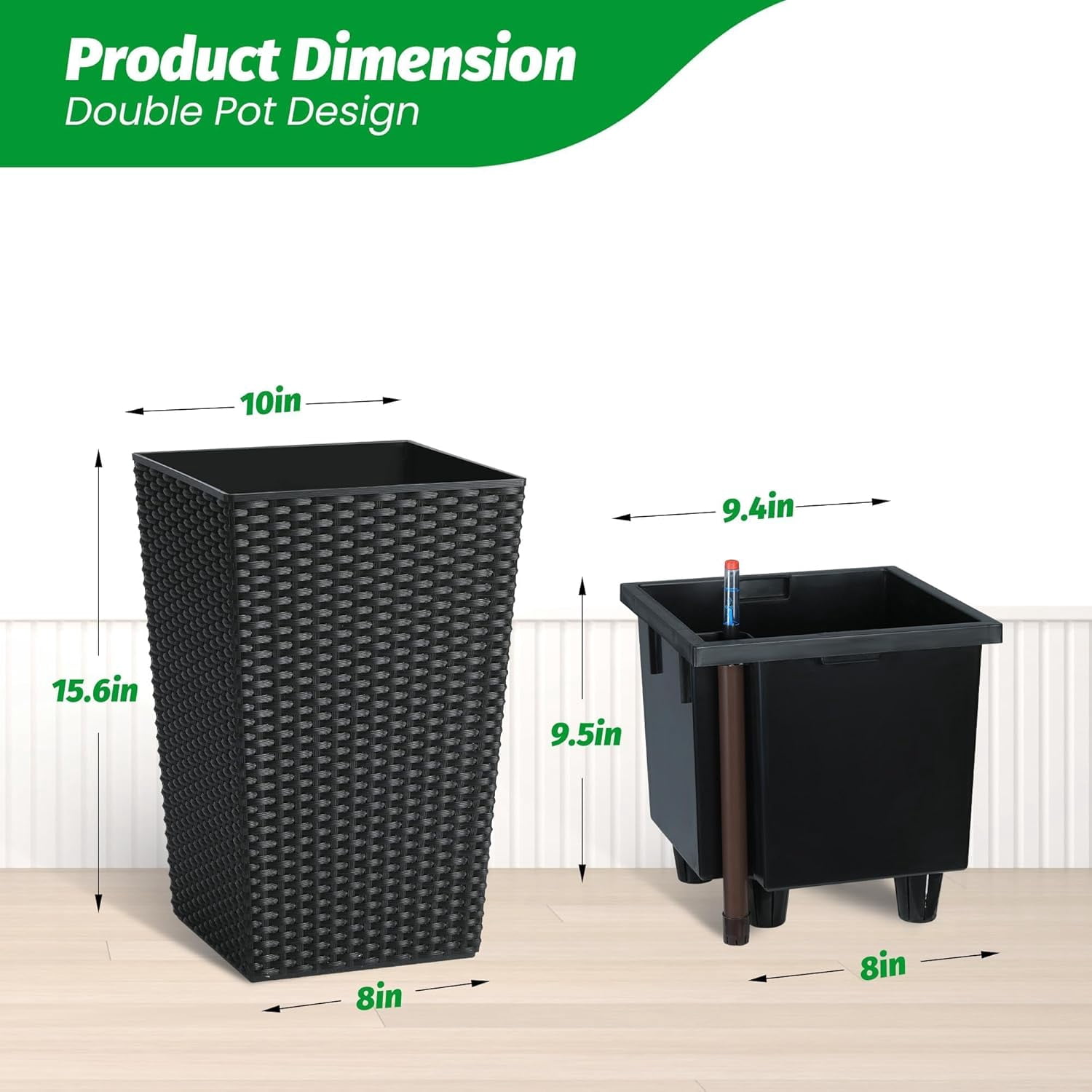 Garvee 15.6" Tall Planter Pots Set of 2, Rattan style, Tray & Water Level Monitor, Black